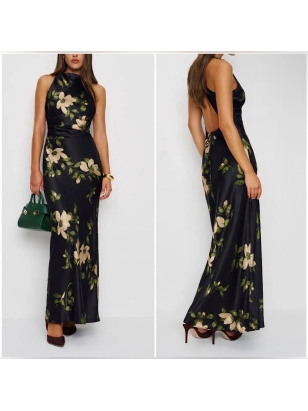 Reformation Anaiis Black Floral Halter Maxi Dress